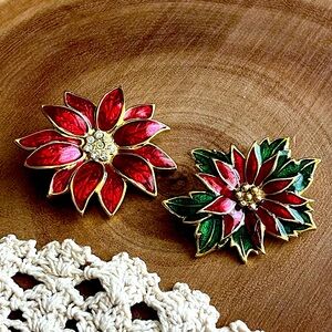 Vintage Avon Poinsettia Brooch Set – Red & Green Floral Holiday Pins 1.5”